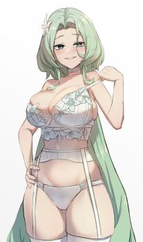 1girl absurdres aqua_eyes breasts choker cleavage commentary flower garter_belt green_hair grin hair_flower hair_ornament hand_on_own_hip highres isolde_(zenless_zone_zero) kaba_(hama) large_breasts lingerie long_hair looking_at_viewer mole mole_on_cheek mole_under_eye panties simple_background skindentation smile smirk solo strap_slip thighhighs underwear very_long_hair white_background white_choker white_panties white_thighhighs zenless_zone_zero