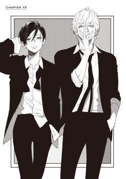 Rule 34 | 1boy, 1girl, androgynous, arm behind head, chapter number, collared shirt, couple, crossdressing, crossdressing (ftm), earrings, english text, formal clothes, hand on own face, highres, ichimaru kohaku, jacket, jewelry, loose necktie, mika yamamori, mole, mole under mouth, monochrome, necktie, numbered, official art, open clothes, open jacket, pants, partially unbuttoned, second-party source, shirt, short hair, sleeves rolled up, suit, suit jacket, takiguchi yoi, untucked, untucked shirt, uruwashi no yoi no tsuki