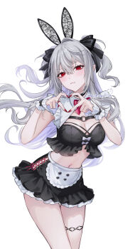 1girl :< alternate_costume animal-themed_ring animal_ear_hairband animal_ears apron black_choker black_ribbon black_shirt black_skirt blush bow bowtie breasts buttons choker cleavage clothing_cutout cowboy_shot crop_top cross-laced_slit detached_collar double-breasted fake_animal_ears fingernails flapper_shirt four-finger_heart_hands frilled_skirt frilled_sleeves frilled_wrist_cuffs frills furrowed_brow genderswap genderswap_(mtf) grey_hair hair_between_eyes hair_ribbon hairband harness heart heart_hands heart_ring highres hip_vent jewelry kuzuha_(nijisanji) lace_ears long_hair looking_at_viewer maoupiisuke medium_breasts microskirt midriff mole mole_under_eye nijisanji o-ring o-ring_harness pointy_ears rabbit_ears red_bow red_bowtie red_eyes red_nails ribbon ring sanya_(nijisanji) sharp_fingernails shirt short_sleeves shrug_(clothing) signature simple_background skirt solo standing strapless strapless_shirt thighlet twitter_username two_side_up virtual_youtuber waist_apron wavy_hair white_apron white_background white_bow white_sleeves white_wrist_cuffs wrist_cuffs
