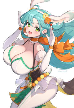 1girl absurdres animal_ears aqua_hair breasts chloe_(fire_emblem) chloe_(spring)_(fire_emblem) cleavage fake_animal_ears fire_emblem fire_emblem_engage fire_emblem_heroes gloves gonzarez green_eyes highres large_breasts long_hair nintendo official_alternate_costume pantyhose puffy_short_sleeves puffy_sleeves rabbit_ears short_sleeves smile solo very_long_hair white_gloves white_pantyhose