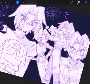 1boy ameya_(okemu_ame) angry blush chibi closed_eyes doodles embarrassed gen_4_pokemon highres hug james_(pokemon) jessie_(pokemon) male_focus mime_jr. nintendo pokemon pokemon_(anime) sketch sweatdrop team_rocket team_rocket_uniform tears