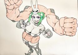 Rule 34 | 1girl, black giraffe, boots, breasts, cerebella (skullgirls), cleavage, clenched hands, eyeshadow, from above, green hair, grin, hat, large breasts, looking at viewer, looking up, makeup, open mouth, purple eyes, skirt, skullgirls, smile, solo, spot color, thigh boots, tongue, tongue out, vice-versa (skullgirls)