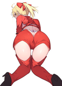 1girl absurdres ass blonde_hair blush bow commentary_request cropped_jacket fate/grand_order fate_(series) green_eyes hair_bow highres jacket long_hair natu_zame nero_claudius_(fate) ponytail race_queen red_jacket red_shorts red_thighhighs short_sleeves shorts sidelocks thighhighs