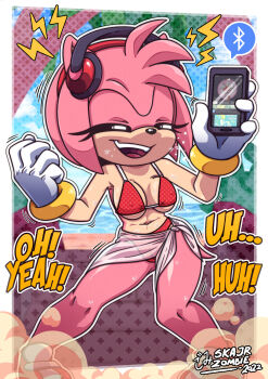 1girl amy_rose bikini highres phone skajrzombie sonic_(series) swimsuit tagme