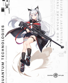 1girl absurdres accuracy_international ai_ax_rifle animal_ear_fluff animal_ears anti-materiel_rifle artist_name bandaged_leg bandages bipod black_boots black_coat black_panties black_skirt black_socks blue_eyes boots cat_ears chinese_commentary coat commentary_request dated floating_hair full_body grey_hair gun hair_ornament headphones headphones_around_neck highres holding holding_gun holding_weapon k.t.cube leg_belt long_hair long_sleeves looking_at_viewer low_twintails military miniskirt multicolored_hair open_clothes open_coat original panties photoshop_(medium) revision rifle science_fiction shirt skirt sniper_rifle socks solo thighs twintails two-tone_hair underwear very_long_hair weapon white_background white_shirt