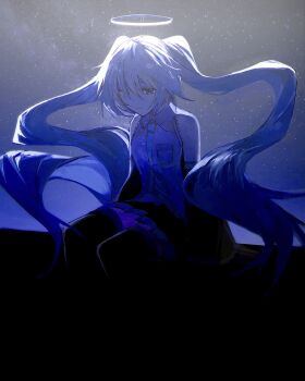 1girl absurdres arm_support backlighting bare_shoulders black_skirt black_thighhighs blue_hair breast_pocket choppy_bangs collared_shirt commentary_request dark floating_hair grey_shirt halo hatsune_miku highres jishou_mushoku_(vocaloid) long_hair looking_down necktie night pleated_skirt pocket purple_eyes sad sad_smile shirt sidelocks sitting skirt sky sleeveless sleeveless_shirt solo star_(sky) starry_sky thighhighs traditional_halo twintails usagi_(wtmh) very_long_hair vocaloid white_halo