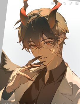 1boy art_program_in_frame black_hair black_nails black_shirt black_wings coat collared_shirt colored_extremities corruption demon_horns feathered_wings fingernails hair_between_eyes hair_over_one_eye hand_on_own_chin highres horns kim_dokja lapels layered_sleeves long_fingernails long_sleeves looking_at_viewer male_focus notched_lapels official_alternate_costume omniscient_reader's_viewpoint red_eyes red_horns scar scar_on_hand shirt short_hair smile white_coat wings xiaotujiii
