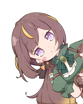 Rule 34 | 1girl, anya melfissa, anya melfissa (steampunk), ascot, blonde streaks, bow, bowtie, brooch, brown bow, brown gloves, brown hair, chest harness, closed mouth, commentary request, fingerless gloves, frilled shirt collar, frills, gloves, gradient hair, green bow, green bowtie, green shirt, hair bow, harness, highres, hololive, hololive indonesia, jewelry, lazurite, long hair, looking at viewer, low ponytail, multicolored hair, peeking out, ponytail, puffy short sleeves, puffy sleeves, purple eyes, shirt, short sleeves, simple background, smile, solo, streaked hair, two-tone hair, underbust, upper body, virtual youtuber, white ascot, white background