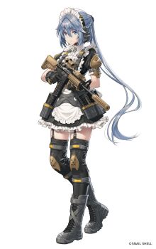 apron blue_hair boots expressionless gloves gun highres holding holding_gun holding_weapon knee_pads long_hair maid maid_apron maid_headdress ponytail snail_shell_studio thigh_strap tokiwa_kazune_(snail_shell_studio) weapon white_background