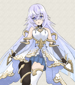 1girl 2s0y04 asymmetrical_legwear blue_skirt breasts cleavage_cutout clothing_cutout grimms_notes hair_between_eyes kagami_sei_no_kote_(grimms_notes) long_hair looking_at_viewer magic_mirror_(grimms_notes) mismatched_legwear parted_lips purple_hair skirt solo very_long_hair