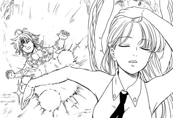 Rule 34 | 1boy, 1girl, adjusting hair, angel wings, antenna hair, bare shoulders, closed eyes, couple, elizabeth liones, feathered wings, gloves, hair slicked back, hand in own hair, harumiya, long hair, meliodas, meme, nanatsu no taizai, naoya hitting choso without looking (meme), necktie, rapid punches, short hair, smear frame, star (symbol), star print, wings