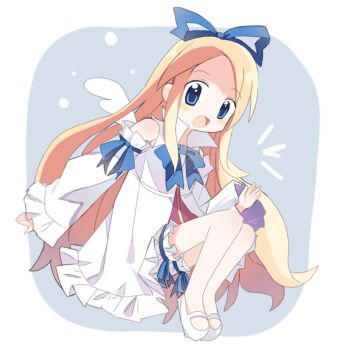 Rule 34 | 1girl, blonde hair, bloomers, blue eyes, blue ribbon, blush stickers, commentary request, detached sleeves, disgaea, dress, flonne, full body, highres, long hair, looking at viewer, ma86530, mary janes, no nose, open mouth, ribbon, shoes, solo, underwear, very long hair, white dress, white wings, wings
