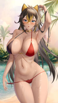 1girl :o absurdres arm_up armpits bare_shoulders bikini bikini_pull black_hair blonde_hair blue_eyes blush breasts cleavage clothes_pull collarbone crossed_bangs dehya_(genshin_impact) earrings female_pubic_hair fingernails floating_earrings genshin_impact gold_choker hair_between_eyes hair_ears hair_intakes hand_in_own_hair highres jewelry laochen large_breasts linea_alba long_hair looking_at_viewer multicolored_hair navel o-ring o-ring_bikini oasis outdoors pubic_hair pulling_own_clothes red_bikini sand sideboob single_earring skindentation sky solo stomach streaked_hair swimsuit tan thigh_gap thighs toned tree two-tone_hair underboob variant_set water wet