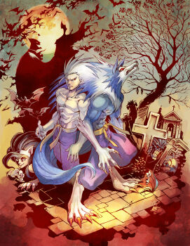1girl 2boys 3boys abs ai-eye animal animal_ears animal_hands bad_deviantart_id bad_id bat_(animal) big_hair blue_hair cat_ears cat_girl claws cross darkstalkers demitri_maximoff felicia_(darkstalkers) full_moon graveyard jon_talbain long_hair lord_raptor moon multiple_boys muscular red_eyes tail third-party_source tombstone tree vampire werewolf white_hair wolf wolf_tail zombie
