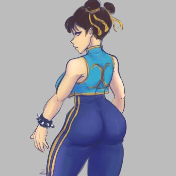 Rule 34 | 1girl, 2021, absurdres, arms at sides, artist name, ass, ass focus, back, blue background, blue bodysuit, blue vest, blurry, blurry background, bodysuit, bracelet, breasts, brown hair, capcom, chun-li, cleft of venus, clenched hand, commentary, cowboy shot, double bun, english commentary, female focus, from behind, hair bun, heart, highres, jewelry, large breasts, looking back, medium breasts, nature, outdoors, outside border, parted lips, shaded face, shoulder blades, sideboob, simple background, smile, smugraccoon, solo, spiked bracelet, spikes, spread fingers, standing, street fighter, street fighter alpha, sunset, thick lips, thick thighs, thighs, vest, wide hips