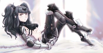 1girl bed bed_sheet black_hair breasts cyborg girls'_frontline haonfest heel-less_heels highres looking_at_viewer machine mecha_musume mechanical_arms nyto_(generic)_(girls'_frontline) nyto_(girls'_frontline) original paradeus pillow prosthesis prosthetic_arm prosthetic_leg ribs solo twintails