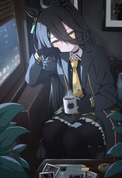Rule 34 | 1girl, animal ear piercing, animal ears, black choker, black coat, black gloves, black hair, black pantyhose, black shirt, black skirt, blush, choker, coat, coffee, coffee mug, collared shirt, commentary request, contrast collar, couch, cup, double-parted bangs, frilled skirt, frills, frown, gamyuu (gamyu), gloves, hair between eyes, highres, holding, holding cup, horse ears, horse girl, horse tail, indoors, long hair, long sleeves, looking at viewer, manhattan cafe (creeping shadow) (umamusume), manhattan cafe (umamusume), mug, multicolored hair, necktie, on couch, open clothes, open coat, pantyhose, picture frame, plant, pleated skirt, shirt, sidelocks, sitting, skirt, solo, steam, streaked hair, tail, umamusume, very long hair, white hair, window, yellow eyes, yellow necktie