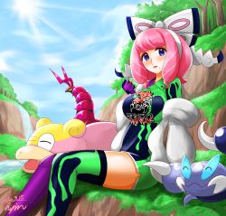^_^ asymmetrical_legwear blue_eyes closed_eyes coat collared_shirt dated eyeshadow fur_coat fur_jacket galarian_form galarian_slowpoke gen_4_pokemon gen_5_pokemon gen_8_pokemon gloves highres hisin jacket klara_(pokemon) makeup mismatched_legwear mole mole_under_mouth nintendo partially_fingerless_gloves pink_eyeshadow pink_hair pink_lips pokemon pokemon_(creature) pokemon_swsh scolipede shirt shorts side_slit side_slit_shorts single_glove skorupi thighhighs white_jacket