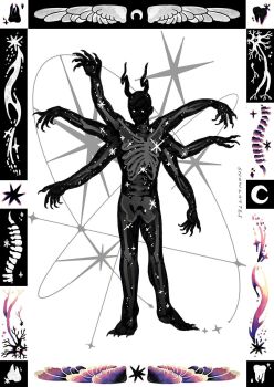 angel_wings artist_name black_border black_horns black_skin bone border claws colored_skin commentary crescent demon english_commentary extra_arms eyed_silhouette feathered_wings highres horns monochrome neuron original ornate_border purple_wings shooting_star silhouette skeleton snowlattes sparkle spine spot_color star_(symbol) tooth white_background white_border wings