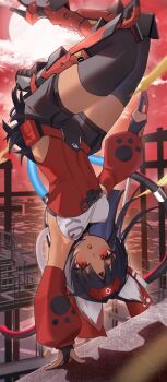 1girl animal_ear_fluff animal_ears armpits barcode barcode_tattoo bare_shoulders belt_pouch black_hair black_shorts black_thighhighs building cable cable_tail cat_ears cat_girl cat_tail cloud commentary_request construction_site corset facial_mark fence forehead_mark forehead_tattoo gloves hairband half_gloves handstand highres holding holding_weapon leg_armor long_hair looking_at_viewer mechanical_tail moon multiple_tails nekomiya_mana one_arm_handstand open_mouth partially_fingerless_gloves paw_print pouch red_corset red_eyes red_hairband red_sky red_sleeves shorts sky solo tail tattoo thighhighs thomas_8000 triangle triangle_facial_mark two_tails upside-down weapon zenless_zone_zero