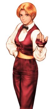 Rule 34 | 1girl, adjusting collar, beckoning, black bow, black bowtie, blonde hair, bow, bowtie, capcom vs. snk, collared shirt, cuff links, dress shirt, earrings, game cg, hand on own hip, highres, jewelry, king (snk), long sleeves, mori toshiaki, non-web source, official art, pants, ryuuko no ken, sash, shirt, short hair, simple background, smile, solo, the king of fighters, vest, white background, white shirt, yellow sash
