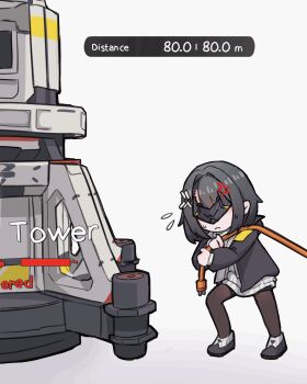 1girl anger_vein animated animated_gif arknights arknights:_endfield black_hair black_jacket black_pantyhose endministrator_(arknights) eye_mask female_endministrator_(arknights) flying_sweatdrops gameplay_mechanics highres jacket mask open_mouth pantyhose parted_lips pileofsnow ribbed_sweater simple_background solo sweater white_background white_sweater