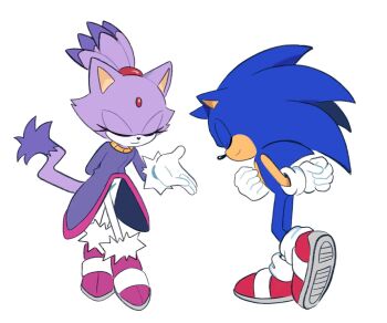 1boy 1girl animal_ears blaze_the_cat blue_fur cat_ears cat_girl cat_tail closed_eyes forehead_jewel fur-trimmed_gloves fur_trim furry furry_female gloves highres pink_shoes ponytail purple_fur red_shoes shoes simple_background smile sonic_(series) sonic_the_hedgehog tail tokenblckfrnd white_background white_gloves