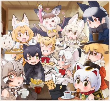 &gt;_&lt; +++ 6+girls absurdres alternate_costume animal_collar animal_ear_fluff animal_ears animal_print apron arm_up bat_ears bat_girl bat_wings behind_another black_gloves black_hair black_leopard_(kemono_friends) black_shirt blonde_hair blue_eyes blush bobcat_(kemono_friends) bow bowl bowtie breast_pocket brown_hair brown_long-eared_bat_(kemono_friends) brown_sweater cat_ears chestnut_mouth chopsticks closed_eyes collar crossed_arms cup drink drinking_glass ears_down elbow_gloves extra_ears ezo_red_fox_(kemono_friends) fang fingerless_gloves food food_in_mouth fox_ears fur_collar gloves grey_eyes grey_hair grin hair_between_eyes headdress highres holding holding_bowl holding_cup holding_tray indoors jacket jungle_taitei kemono_friends kemono_friends_3 leo_(jungle_taitei) leo_(kemono_friends) leopard_(ex)_(kemono_friends) leopard_(kemono_friends) leopard_ears leopard_print lion_ears long_hair looking_at_another looking_at_viewer maneki-neko_(kemono_friends) medium_hair miniskirt mouth_hold multicolored_hair multiple_girls object_on_head open_mouth orange_eyes pocket print_apron print_bow print_bowtie print_gloves print_scarf print_skirt rice rice_bowl scarf serval_(kemono_friends) shirt shirt_tucked_in short-sleeved_sweater short_hair short_sleeves silver_fox_(kemono_friends) sitting skin_fang skirt sleeveless sleeveless_shirt smile steam suspenders sweat sweater table toriny tray tsushima_leopard_cat_(kemono_friends) two-tone_hair very_long_hair waitress white_hair white_serval_(kemono_friends) white_shirt wings yellow_eyes