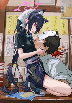 1girl animal_ears black_hair black_shirt black_socks blue_archive cat_ears cat_girl commentary_request doodle_sensei_(blue_archive) drooling highres pink_eyes purple_hair sawkm sensei_(blue_archive) serika_(blue_archive) serika_(waitress)_(blue_archive) shirt socks thighs tongue tongue_out