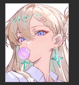 1girl blonde_hair blowing_bubble_gum braid braided_bangs chewing_gum colored_inner_hair commentary earrings english_commentary hair_between_eyes hair_ornament jewelry long_hair looking_at_viewer lynae_(wuthering_waves) multicolored_hair nitsuga_zenitram portrait purple_eyes shirt sketch skull_hair_ornament solo star_(symbol) star_earrings unfinished white_background white_shirt wuthering_waves