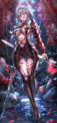 Rule 34 | 1girl, body chain, bodysuit, breasts, brown eyes, checkered clothes, clothing cutout, commentary request, goddess of victory: nikke, grey hair, highres, himonoata, holding, holding sword, holding weapon, large breasts, latex, latex bodysuit, long hair, looking at viewer, navel, official alternate costume, open mouth, outdoors, petals, petals on liquid, pond, red eyes, red nails, red shrug, ripples, scarlet (nikke), scarlet (racer&#039;s high) (nikke), shift up, skin tight, solo, standing, standing on liquid, stellar blade, sword, thigh cutout, tree, weapon