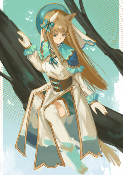 1girl aislingxyz animal_ears beret blue_capelet blue_eyes bow branch brown_corset brown_hair capelet closed_mouth corset dress ear_covers gloves grass_wonder_(saintly_jade_cleric)_(umamusume) grass_wonder_(umamusume) green_hat hat horse_ears horse_girl long_hair long_sleeves multicolored_hair official_alternate_costume on_branch single_ear_cover sitting smile solo thighhighs umamusume white_dress white_gloves white_hair white_thighhighs