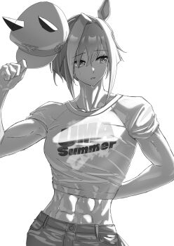1girl abs absurdres animal_ears cheval_grand_(umamusume) commentary hat highres holding holding_unworn_clothes holding_unworn_hat horse_ears horse_girl monochrome muscular muscular_female print_shirt senchan_7 shirt solo sweat uma_summer_(umamusume) umamusume unworn_hat unworn_headwear upper_body
