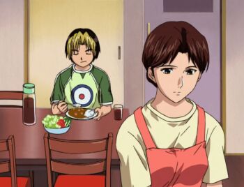 00s 1boy 1girl 2001 age_difference animated animated_gif apron black_hair blonde_hair brown_eyes brown_hair chair closed_eyes dishwashing eating female_focus food hair_bun hikaru_no_go housewife indoors kitchen mature_female mother_and_son multicolored_hair older_female_and_younger_male parted_bangs ponytail shindou_hikaru shindou_mitsuko shirt short_hair single_hair_bun sitting standing table tagme two-tone_hair