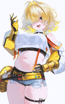 1girl absurdres ahoge bare_shoulders bbeedol black_shirt blonde_hair blue_shorts breasts clothing_cutout cowboy_shot crop_top crop_top_overhang cutoffs denim denim_shorts elegg_(nikke) exposed_pocket fang gloves goddess_of_victory:_nikke hair_over_one_eye hand_on_own_hip hand_up highres large_breasts long_sleeves looking_at_viewer medium_hair micro_shorts midriff navel open_mouth plump puffy_long_sleeves puffy_sleeves purple_eyes shirt short_shorts shorts shoulder_cutout simple_background skindentation smile solo stomach suspenders thick_thighs thigh_strap thighs two-tone_gloves undershirt white_background white_shirt