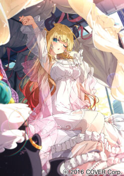 Rule 34 | 1girl, ama rei, arm up, armpits, blonde hair, blue eyes, blush, breasts, frilled nightgown, gradient hair, hololive, horns, indoors, large breasts, long hair, long sleeves, looking at viewer, multicolored hair, nightgown, official art, one eye closed, open mouth, pillow, pink hair, see-through clothes, see-through sleeves, sitting, solo, virtual youtuber, white nightgown, yuzuki choco