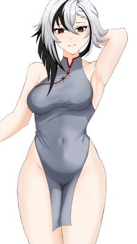 1girl absurdres arlecchino_(genshin_impact) armpits bare_shoulders breasts collarbone genshin_impact highres large_breasts looking_at_viewer navel peruere_(genshin_impact) ruinozuke smile thighhighs thighs