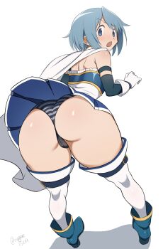 1girl ass ass_focus bent_over blue_eyes blue_hair blush cape corset gloves highres looking_at_viewer looking_back magical_girl mahou_shoujo_madoka_magica mahou_shoujo_madoka_magica_(anime) miki_sayaka miki_sayaka_(magical_girl) nagare_(flow) open_mouth panties short_hair skirt solo striped_clothes striped_panties thighhighs underwear white_background white_cape