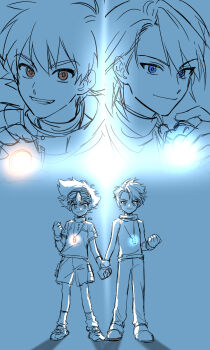 Rule 34 | 2boys, bean32, blue background, blue eyes, brown eyes, close-up, digimon, digimon adventure, digimon adventure -beyond-, full body, glowing, goggles, goggles on head, highres, holding hands, male focus, medium hair, monochrome, multiple boys, pants, shirt, short hair, shorts, sketch, sleeveless, sleeveless shirt, spot color, yagami taichi