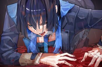1girl absurdres arm_rest bleeding blood blood_on_clothes blood_on_face blood_on_hands blue_eyes blue_hair blue_jacket blue_necktie blue_pants colored_inner_hair commentary english_commentary hand_rest highres hololive hololive_english jacket jellyfish_cut kneeling long_hair long_sleeves multicolored_hair necktie open_mouth ouro_kronii ouro_kronii_(4th_costume) pants pool_of_blood rikuje solo streaked_hair tongue tongue_out virtual_youtuber