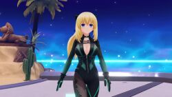 1girl 3d alternate_costume alternate_hairstyle animated blue_eyes bodysuit bouncing_breasts breasts cleavage gloves hair_ribbon highres jiggle large_breasts legs looking_at_viewer neptune_(series) no_bra outdoors ponytail ribbon smile sound tagme thighs unzipped vert_(neptunia) video walking