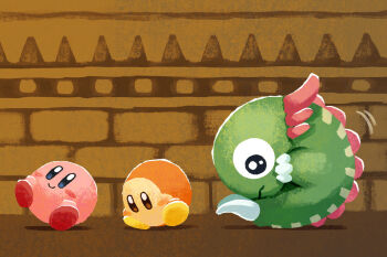 Rule 34 | aruco co, blue eyes, blush stickers, brown background, brown eyes, chameleo arm, chameleon, closed mouth, commentary request, highres, kirby, kirby (series), nintendo, no humans, rolling, smile, waddle dee