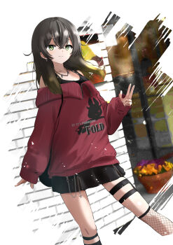 1girl :| alternate_hairstyle arm_at_side black_hair black_skirt black_sports_bra border breasts cleavage closed_mouth commentary_request contrapposto crossed_bangs day double-parted_bangs earrings feet_out_of_frame fishnets green_eyes hair_down hanakuma_chifuyu hand_up highres jewelry k-yous long_hair long_sleeves miniskirt multiple_thigh_straps necklace no_eyewear off-shoulder_sweater off_shoulder outdoors outside_border print_sweater red_sweater skirt sleeves_past_wrists solo sports_bra standing straight_hair sweater synthesizer_v thigh_strap white_border