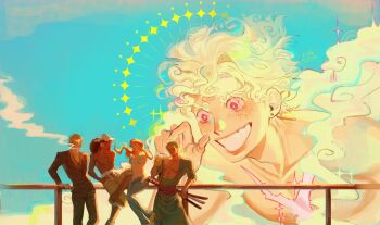 1girl 4boys bikini bikini_top_only black_hair black_jacket blonde_hair blue_pants blue_sky collarbone commentary cross_scar denim devil_fruit_power english_commentary exhosionn feet_out_of_frame gear_fifth giant green_bikini green_hair grin haramaki hat highres jacket jeans katana long_hair looking_at_another monkey_d._luffy multiple_boys nami_(one_piece) one_piece orange_hair outdoors pants red_eyes roronoa_zoro sanji_(one_piece) scar scar_on_chest sheath sheathed short_hair sky smile smoking sparkle straw_hat_pirates suit_jacket swimsuit sword topless_male transformation upper_body usopp weapon white_hair