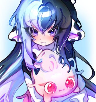 1girl :3 animal_ears blue_background blue_hair blush closed_mouth cloud_(lufaeris) cow_ears creature face_piercing fake_animal_ears hair_between_eyes holding holding_creature labret_piercing long_hair looking_at_viewer original piercing purple_eyes smile solo upper_body