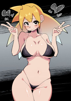 1girl absurdres bikini black_bikini black_eyes blonde_hair blush breasts buzzlyears cowboy_shot double_v grey_background heart heart-shaped_pupils highres large_breasts long_hair looking_at_viewer mega_man_(series) mega_man_legends_(series) navel roll_caskett_(mega_man) simple_background smile solo swimsuit symbol-shaped_pupils v