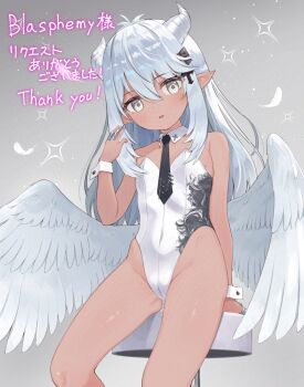 1girl breasts commentary_request commission dark-skinned_female dark_skin feathered_wings feathers grey_eyes highres horns leotard long_hair makigai necktie original pointy_ears skeb_commission small_breasts solo white_leotard wings wrist_cuffs