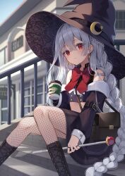 Rule 34 | 1girl, absurdres, arm belt, bag, black skirt, blue jacket, breasts, buttons, crescent, crescent earrings, crescent hat ornament, crossed bangs, cup, detached sleeves, earrings, fishnet thighhighs, fishnets, fuyoyo, grey hair, hat, hat ornament, highres, holding, holding cup, holding staff, jacket, jewelry, long hair, looking at viewer, original, outdoors, red eyes, red ribbon, ribbon, shoulder bag, sitting, sitting on stairs, skirt, small breasts, solo, staff, stairs, thighhighs, two-sided fabric, two-sided headwear, white hair, witch, witch hat