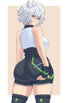 Rule 34 | 1girl, animal ears, ass, breasts, cat ears, cat girl, commentary, djames, fingerless gloves, gloves, grabbing own ass, grey hair, high-waist shorts, highres, large breasts, looking at viewer, messy hair, na'el (xenoblade), romper, short hair, short shorts, shorts, smirk, solo, thighhighs, xenoblade chronicles (series), xenoblade chronicles 3, xenoblade chronicles 3: future redeemed, yellow eyes