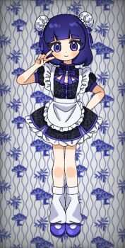 1girl apron arm_behind_back bow bowtie commentary double_bun english_commentary hair_bun kittytoto-12345 littlest_pet_shop littlest_pet_shop_(2012) looking_at_viewer maid maid_apron mary_janes panda_ornament penny_ling personification purple_bow purple_bowtie purple_eyes purple_hair purple_shoes shoes socks solo solo_focus v white_socks